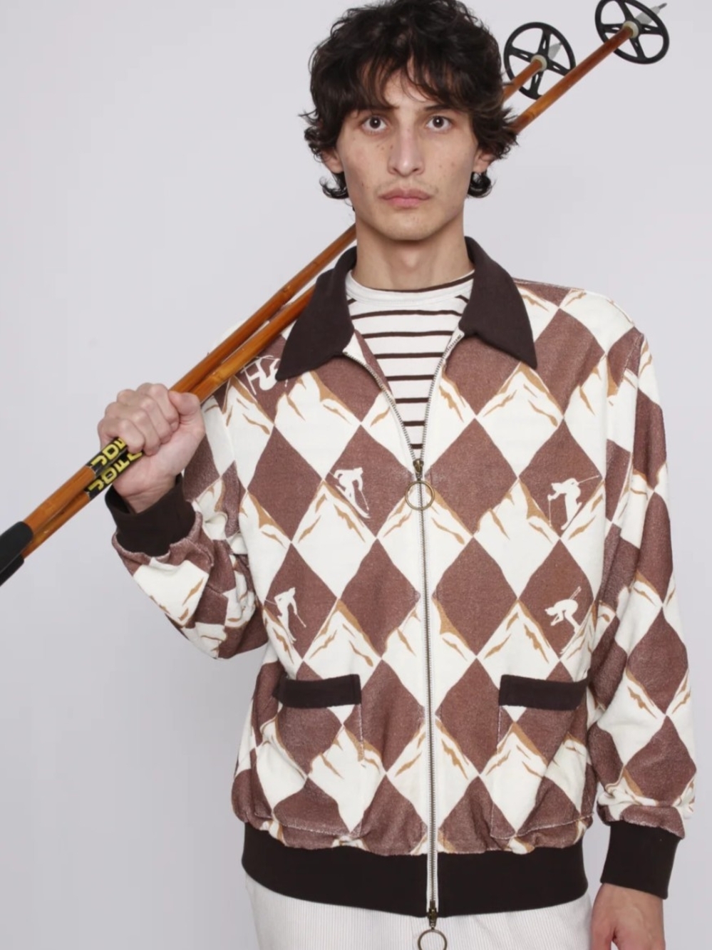 Diamond-Print Zip Bomber Jacket in Brown & Cream